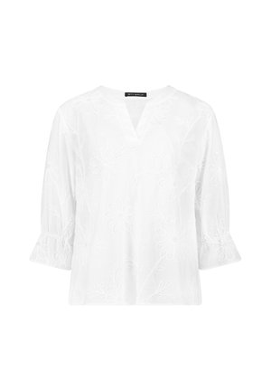 Biała bluzka z rękawami do łokcia, z kwiatową haftem, dekoltem w serek i marszczonymi mankietami.