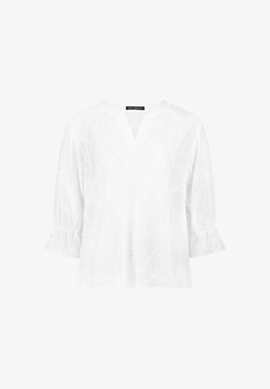 Biała bluzka z rękawami do łokcia, z kwiatową haftem, dekoltem w serek i marszczonymi mankietami.