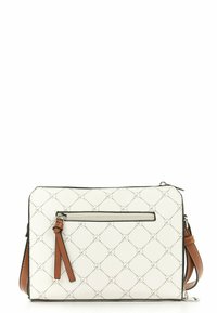 Biała skórzana torba na ramię z wytłaczanym wzorem diamentów, srebrnym zamkiem błyskawicznym i beżowymi paskami. Posiada przednią kieszeń na zamek oraz czarną lamówkę.