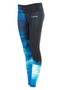 Zwarte en blauwe gestreepte legging met een hoge tailleband, gladde stof en een verloopontwerp dat van donkerblauw naar lichtblauw gaat.