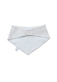 Cotton bandana bib in light blue with white stripes. Features a triangular shape and a snap closure for easy wear. Soft texture.