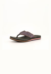 Black flip-flop with a patterned purple strap featuring geometric designs, textured footbed, and a contrast pink and orange sole.