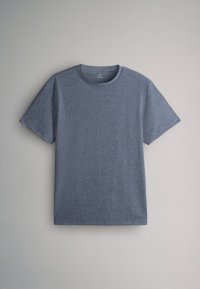 Kurzärmeliges T-Shirt mit Rundhalsausschnitt aus einfarbigem meliertem grauem Stoff, flach vor einem neutralen Hintergrund dargestellt.