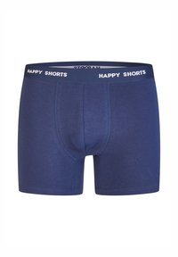 Tmavě modré boxerkové šortky s bílým elastickým pasem. Na pasu je nápis "HAPPY SHORTS." Hladká, elastická tkanina, dobře propracovaný střih.
