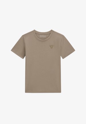 T-shirt beige en coton à manches courtes, col rond, avec un petit logo triangulaire sur le côté gauche de la poitrine. Texture lisse, coupe régulière.