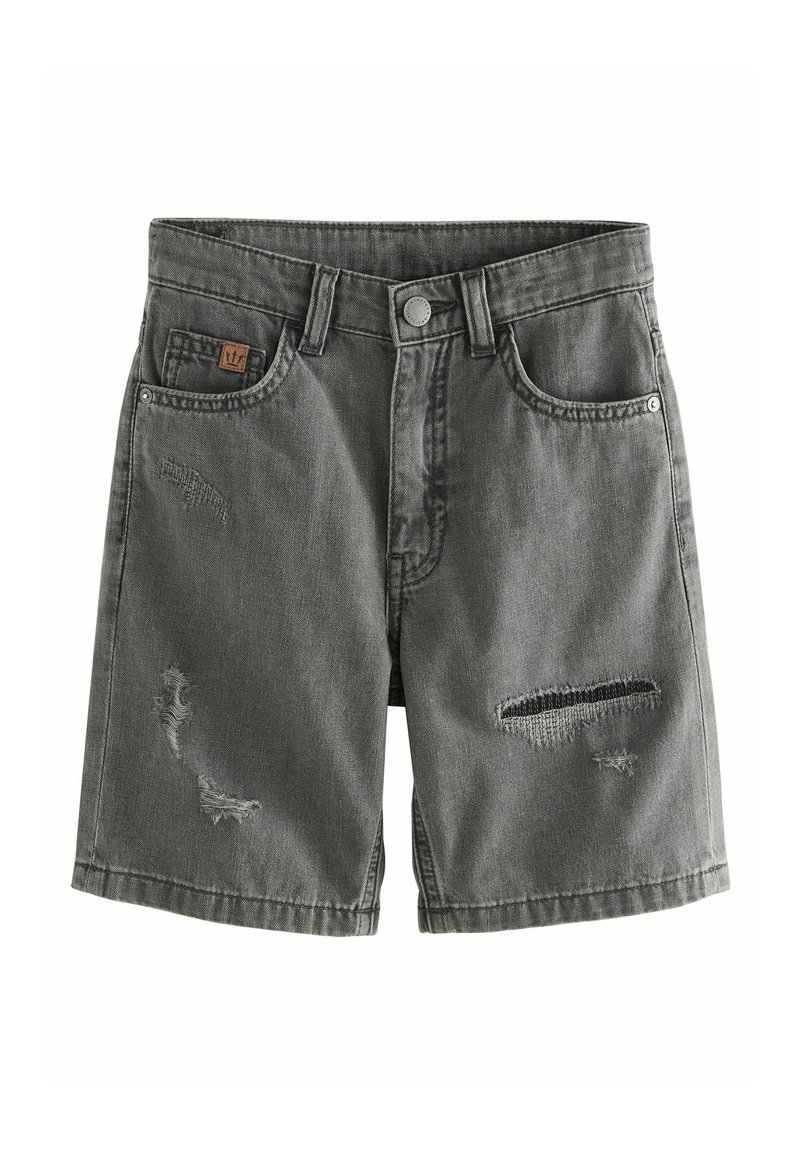 Graue Jeansshorts mit leicht ausgewaschenem Design, ausgefransten Kanten und sichtbaren Nähten. Fünf-Taschen-Stil mit Knopfverschluss.