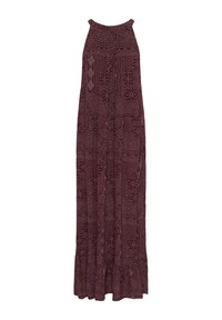 Maxi šaty v tmavé burgundské barvě s komplikovanými bílými vzory. Design s halter krkem a splývavou sukni s volánkovým lemem. Lehká tkanina.