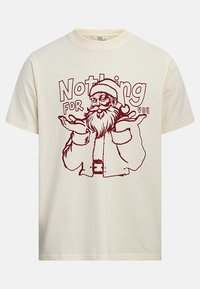 Cream cotton t-shirt featuring a red graphic of a bearded man in a Santa suit, with the text "Nothing for you" in bold letters.