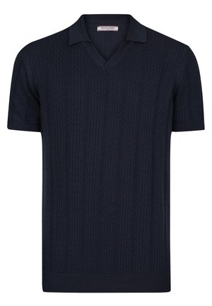 Marineblaues kurzärmeliges Strick-Poloshirt mit strukturiertem Zickzackmuster und V-Ausschnitt von Felix Hardy.