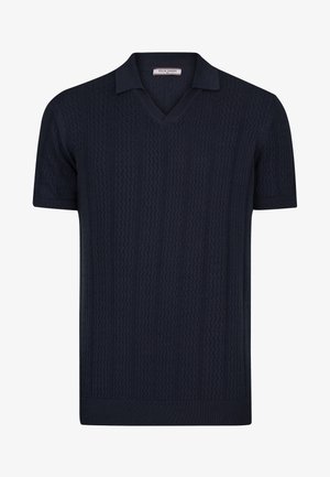 Polo de punto azul marino de manga corta con patrón en zigzag texturizado y cuello en V de Felix Hardy.