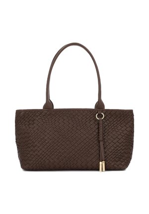 Sac à main en cuir tressé brun foncé avec deux poignées et un pompon décoratif avec des embouts en métal doré.