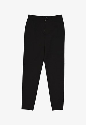 Pantalon noir étroit avec fermeture éclair et bouton à l'avant, présenté à plat sur un fond blanc.
