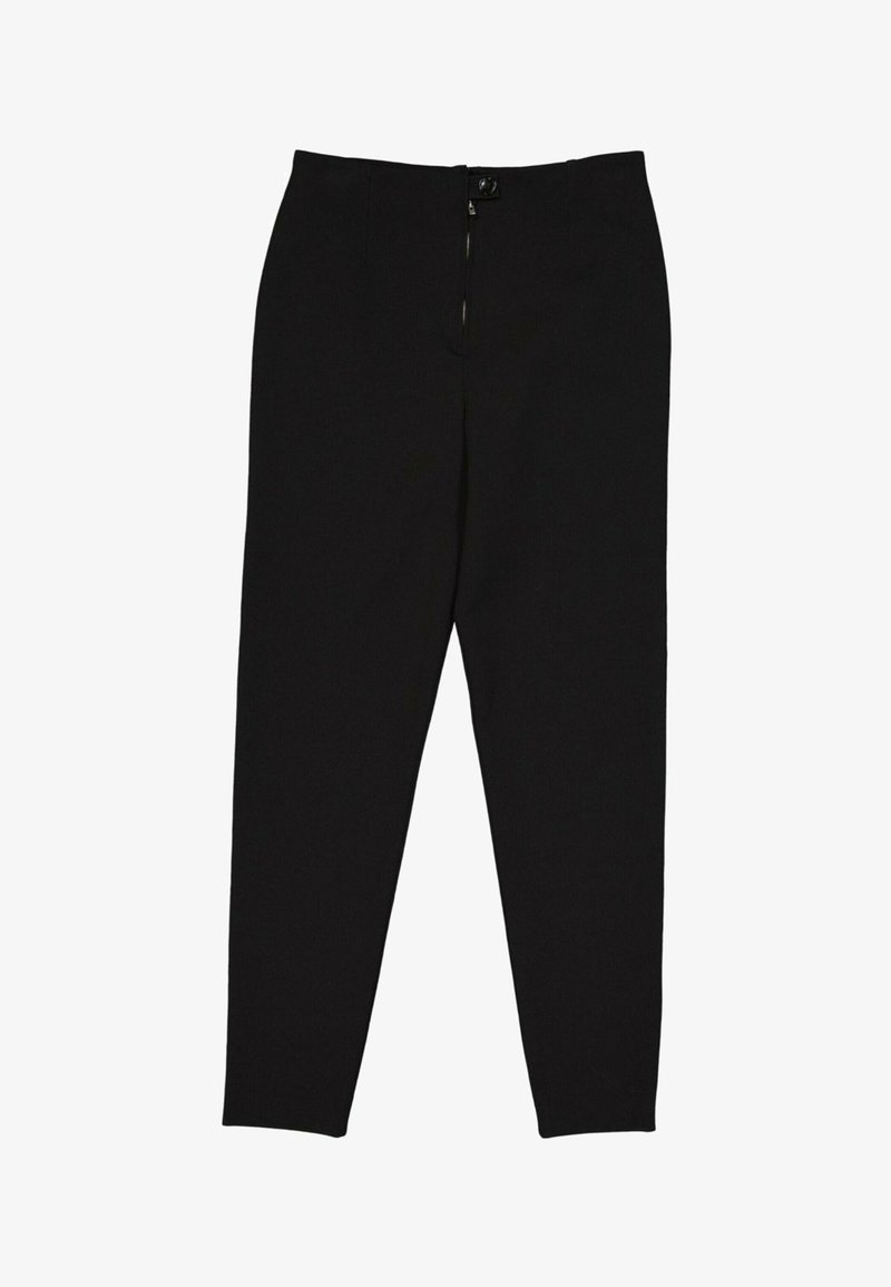 Pantalon noir étroit avec fermeture éclair et bouton à l'avant, présenté à plat sur un fond blanc.