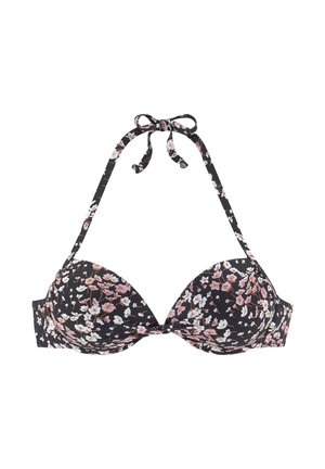 Black bikini top with pink and white floral pattern, padded cups, and halter neck tie.