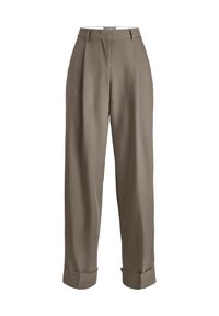 Vida långa byxor i en dämpad olivgrön färg, tillverkade av ett mjukt tyg, med veck, hög midja och uppvikta fållar.