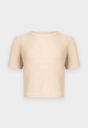 Beige gebreide top met korte mouwen, een ronde halslijn, gestructureerde stof en een onafgewerkte zoom. Eenvoudig ontwerp, geschikt om te combineren met andere kleding of om los te dragen.