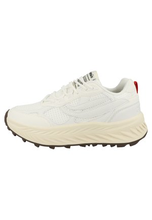 White athletic sneaker with mesh and leather upper, thick textured sole, lace-up design, and a red pull tab on the heel.