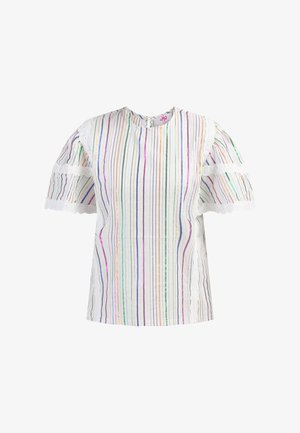 Biała bluzka z krótkim rękawem z wielokolorowymi pionowymi paskami, koronkowym wykończeniem rękawów i okrągłym dekoltem. Posiada luźny krój i miękką teksturę.