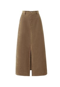 Jupe midi en velours côtelé marron avec une fente à l'avant, taille haute et détails de coutures subtils. Présente une fermeture à un bouton et des poches latérales.