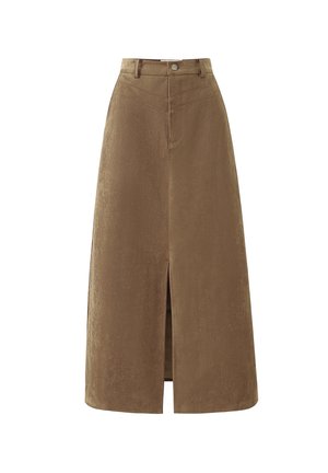 Brauner Cord-Midirock mit einem Schlitz vorne, hoher Taille und dezenten Steppdetails. Verfügt über einen einzelnen Knopfverschluss und seitliche Taschen.