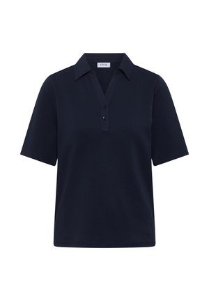 Marineblaue Polohemd mit kurzen Ärmeln, Kragen und Zwei-Knopf-Leiste, mit dem Etikett "CECIL" auf der Innenseite des Kragens.