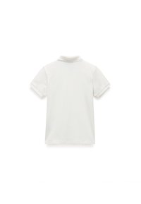 Hvit polo-skjorte med krage, korte ermer, laget av glatt stoff, med et enkelt design uten synlige mønstre eller detaljer.