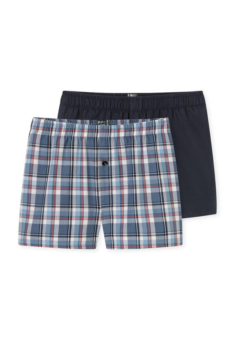 Set di boxer in due paia: uno in un colore solido blu navy e l'altro in tartan blu con accenti rossi e bianchi. Vita elasticizzata.