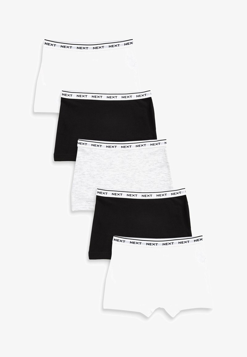 Pieci bokseršorti pāri baltā, melnā un pelēkā krāsā ar melnbaltu "NEXT" zīmola elastīgu jostasvietu un gludu kokvilnas tekstūru.