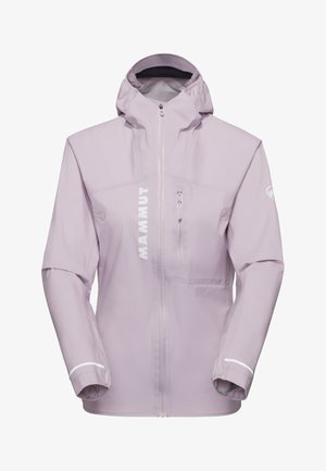 Giacca impermeabile lilla chiaro con cappuccio, cerniera frontale, tasca sul petto e logo "MAMMUT" sul petto sinistro e sulla manica.
