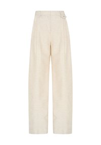 Beige, wide-leg trousers with a high waist, featuring a textured finish and a single button closure on the side.