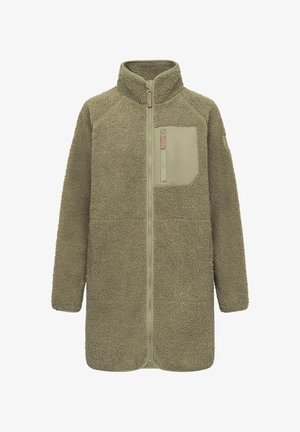 Longue veste en polaire sherpa vert olive avec col montant, fermeture éclair intégrale à l'avant et poche poitrine zippée avec empiècement en tissu lisse.