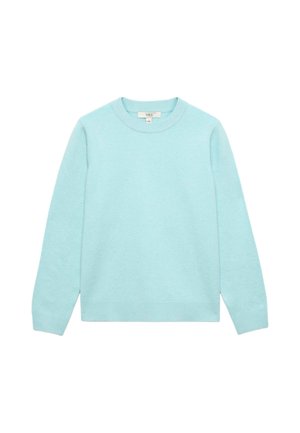 Light blue long-sleeve crewneck sweater laid flat on a white background, featuring ribbed cuffs, collar, and hem.