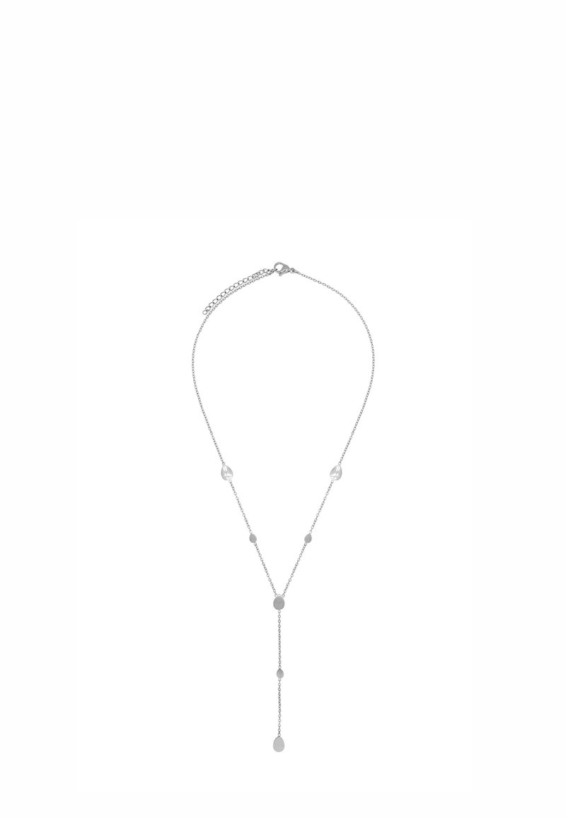 Silberfarbener Halsreif mit einer zarten Kette, die runde und tropfenförmige Akzente entlang ihrer Länge aufweist, sowie einem Lariat-Stil Anhänger in der Mitte.