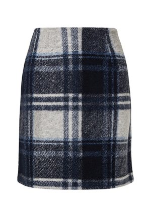 Woolen mini skirt in navy, gray, and white plaid pattern. Features a straight cut and soft texture with visible seams along the hem.
