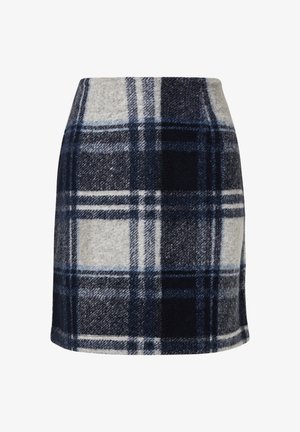 Wollen mini-rok in marineblauw, grijs en wit ruitpatroon. Heeft een rechte snit en een zachte textuur met zichtbare naden langs de zoom.