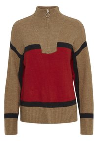 Strickpullover mit hohem Kragen, der rot, beige und schwarz Farbblöcke aufweist, einen Viertel-Reißverschluss und gerippte Bündchen sowie Saum hat.