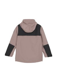 Giacca impermeabile con cappuccio, caratterizzata da un corpo rosa e dettagli neri sulle spalle e sulle maniche, texture liscia e polsini regolabili.