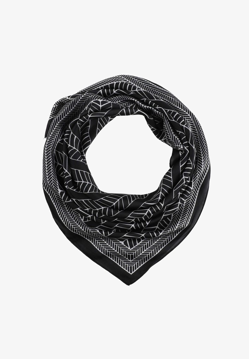 Écharpe noire avec des motifs géométriques blancs en forme de feuilles et une bordure en chevron, pliée en forme circulaire sur fond blanc.