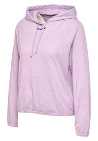 Hellablaues Hoodie aus weichem Material, ausgestattet mit einer vorderen Kängurutasche, verstellbaren Kordeln und einem lockeren Schnitt.