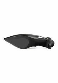 Black high-heeled shoe with a pointed toe, smooth leather upper, and a slingback strap. The sole is textured with a matte finish.