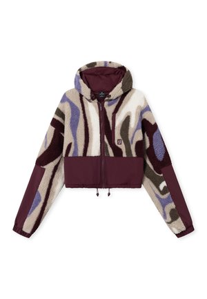 Rövidített, cipzáras dzseki, amely texturált bolyhos anyag és sima szövet keverékéből készült. Barna, lila és krém színű absztrakt mintázattal rendelkezik; állítható kapucnival.