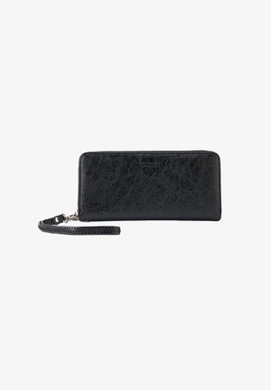 Black leather wallet with a textured surface, zip closure, and detachable wrist strap. Rectangular shape with a smooth finish.