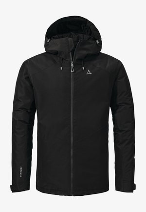 Černá voděodolná bunda s předním zipem, nastavitelnou kapucí a hladkou texturou. Obsahuje logo na hrudi a elastické manžety pro pevné uchycení.