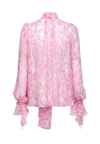 Blusa rosa a fantasia con maniche lunghe e arricciate. Realizzata in tessuto leggero, presenta polsini volant e un fiocco sul retro.