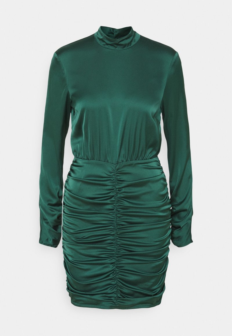 Green satin dress with long sleeves, high neck, and gathered ruching at the waist, creating a textured effect.