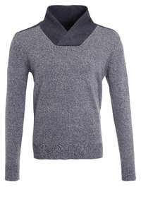 Gestrickter Pullover in Dunkelgrau mit breitem überlappendem Kragen, langen Ärmeln und einem strukturierten Muster über das gesamte Kleidungsstück. Lässiges Design.