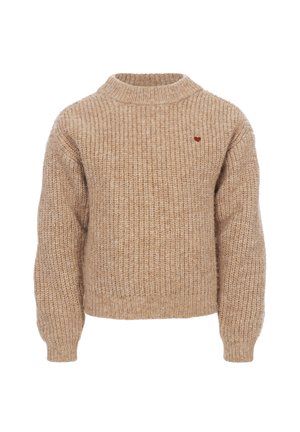 Beige gebreide trui met een geribbelde textuur, hoge nek en lange mouwen. Beschikt over een klein rood hartaccent op de borst.