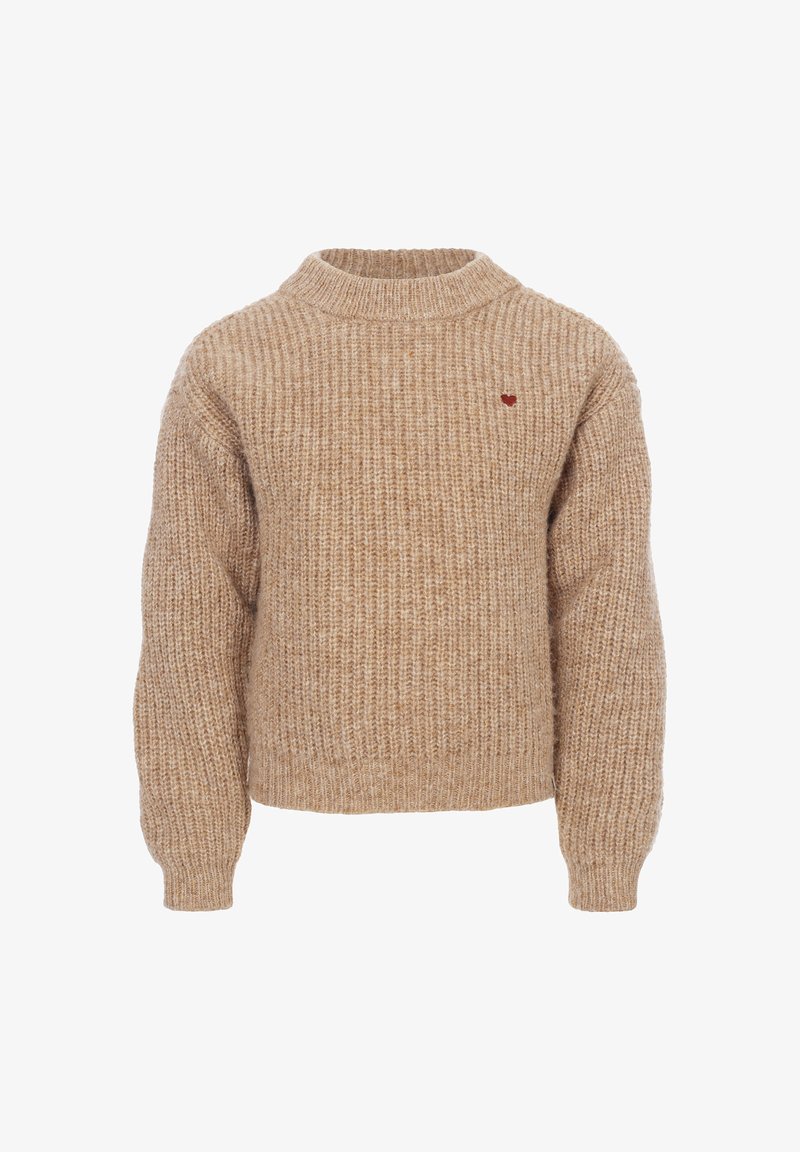 Beige gebreide trui met een geribbelde textuur, hoge nek en lange mouwen. Beschikt over een klein rood hartaccent op de borst.