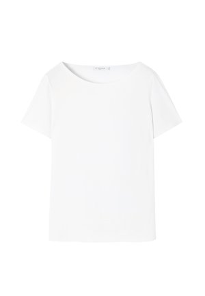 White short-sleeve women's crew neck T-shirt with a fitted silhouette, displayed against a plain white background.