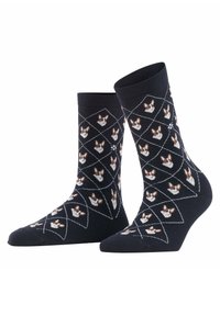 Calcetines azul marino con un patrón de argyle que presenta rostros de perros repetidos. Hechos de material suave, tienen un puño acanalado y una textura suave.